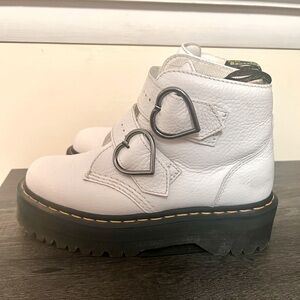 Doc Martens white platform boots with heart buckles